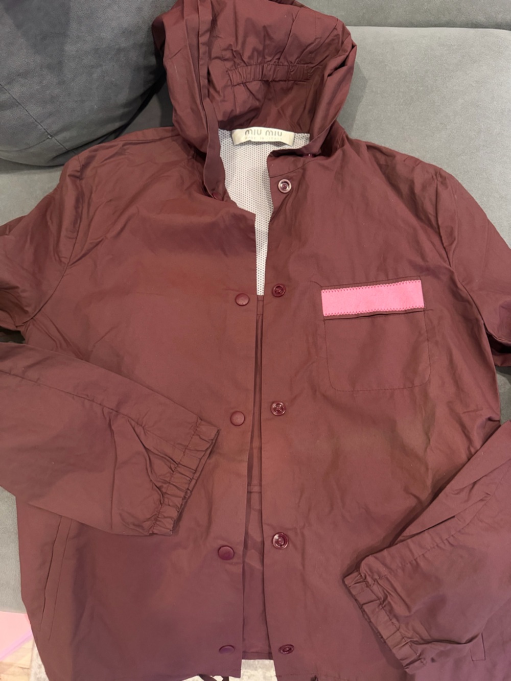Miu Miu Deep Wine Snap-Front Jacket with Pink Pocket Detail